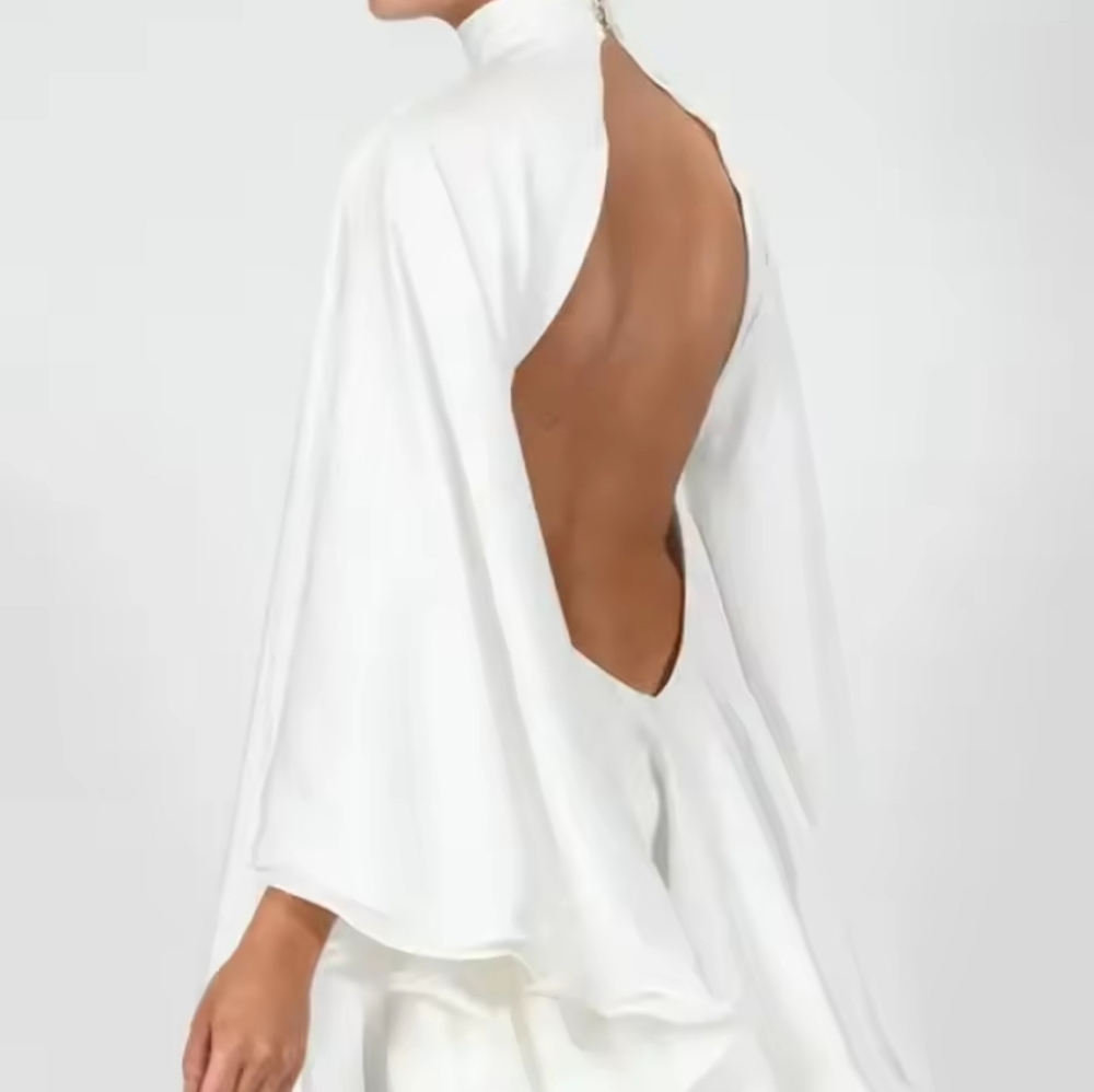 Women's White Turtleneck Long Ruffled SleevesBackless Dress 2025 Summer Spring - Picture 3 of 7